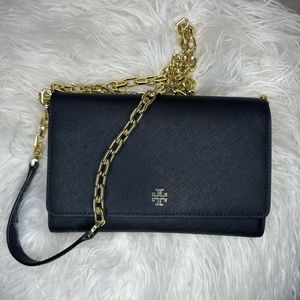 TORY BURCH chain wallet, black and gold